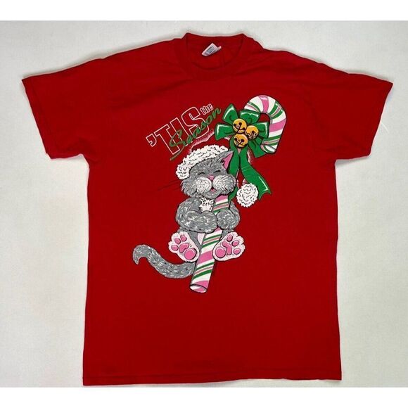 VINTAGE Its The Season Cat Holiday Graphic T-shirt Men Large Red 90s - Picture 1 of 5